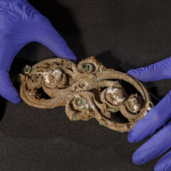 hands holding Iron Age horse harness piece